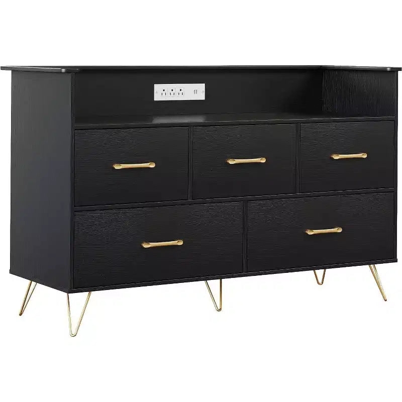 47 Inch Wide Dresser for Bedroom with 5 Spacious Drawers and LED Lights, Chest of Drawers with Built-in Charging Station, Freestanding Cabinet