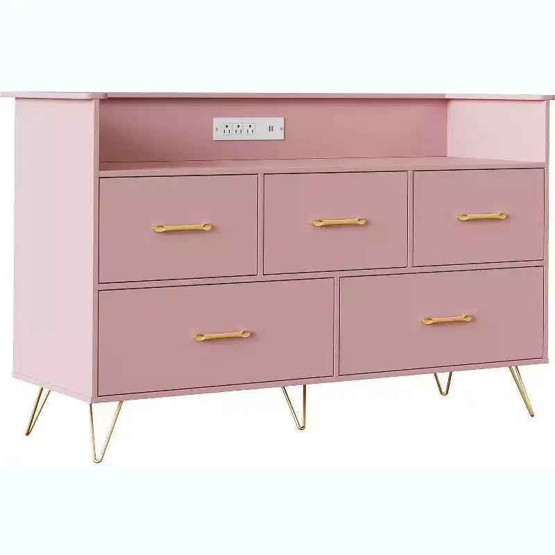 Cómoda de 47 pulgadas de ancho para dormitorio con 5 cajones espaciosos y luces LED, cómoda con estación de carga incorporada, mueble independiente
