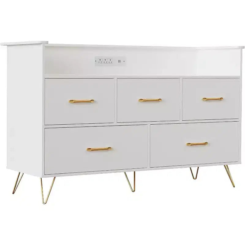 Cómoda de 47 pulgadas de ancho para dormitorio con 5 cajones espaciosos y luces LED, cómoda con estación de carga incorporada, mueble independiente