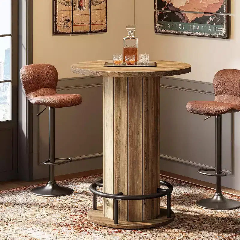 Lantine 39.4 H Mesa redonda de bar, Mesa de bistro pub de madera con reposapiés de anillo de metal para comedor, cóctel, sala de estar, espacio pequeño (solo la mesa)