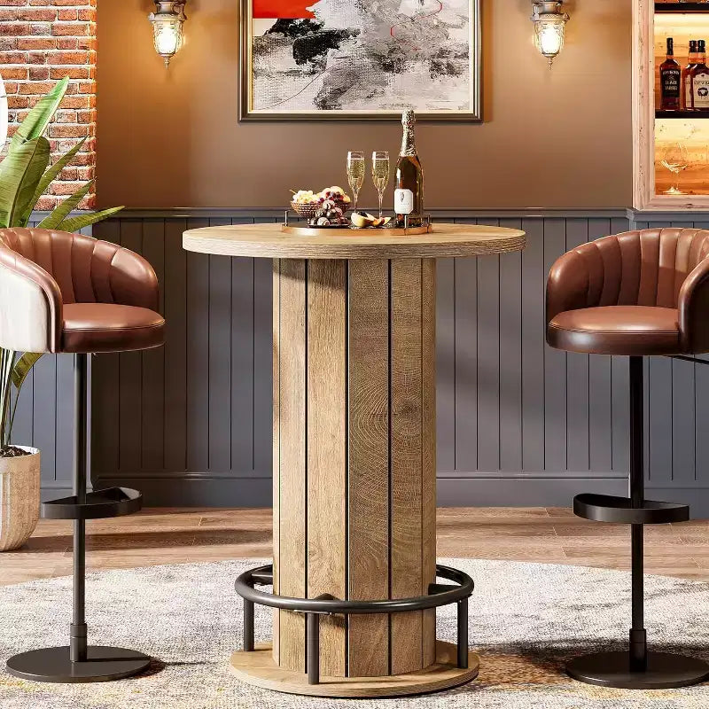 Lantine 39.4 H Mesa redonda de bar, Mesa de bistro pub de madera con reposapiés de anillo de metal para comedor, cóctel, sala de estar, espacio pequeño (solo la mesa)