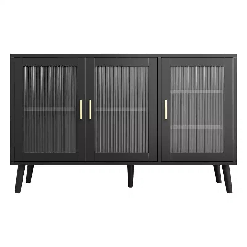 Armario negro para cocina, comedor, sala de estar, aparador con 3 puertas de cristal estriado,