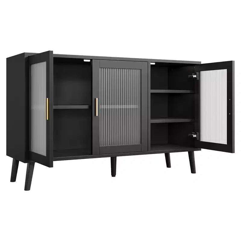 Armario negro para cocina, comedor, sala de estar, aparador con 3 puertas de cristal estriado,