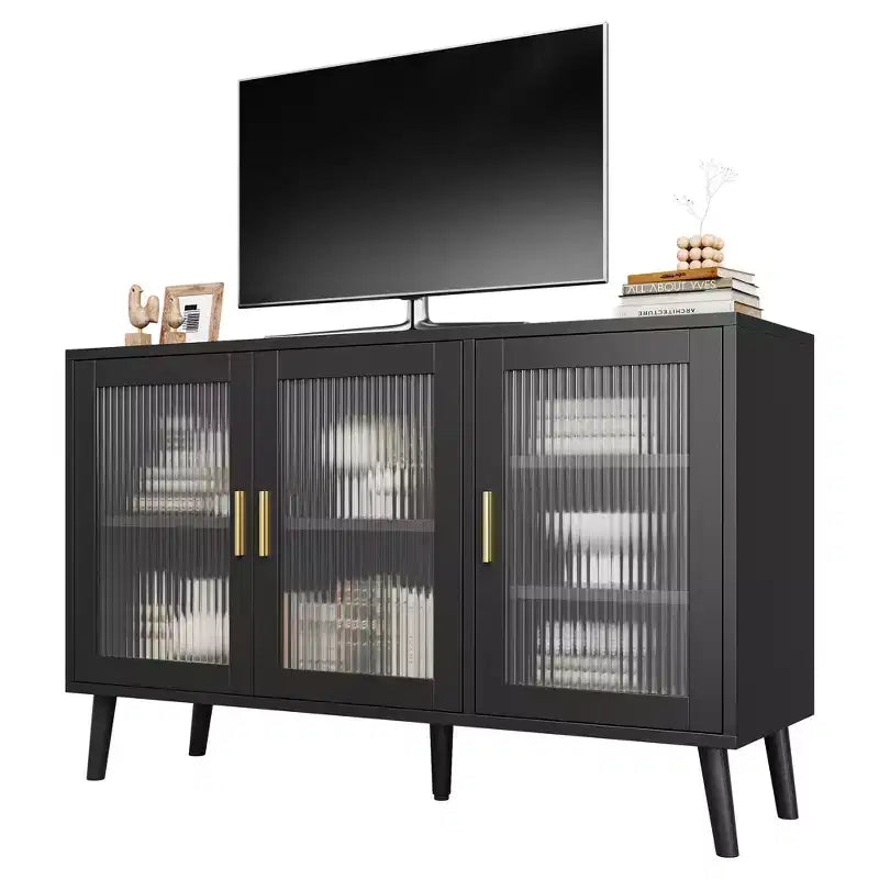 Armario negro para cocina, comedor, sala de estar, aparador con 3 puertas de cristal estriado,