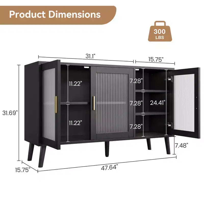 Armario negro para cocina, comedor, sala de estar, aparador con 3 puertas de cristal estriado,