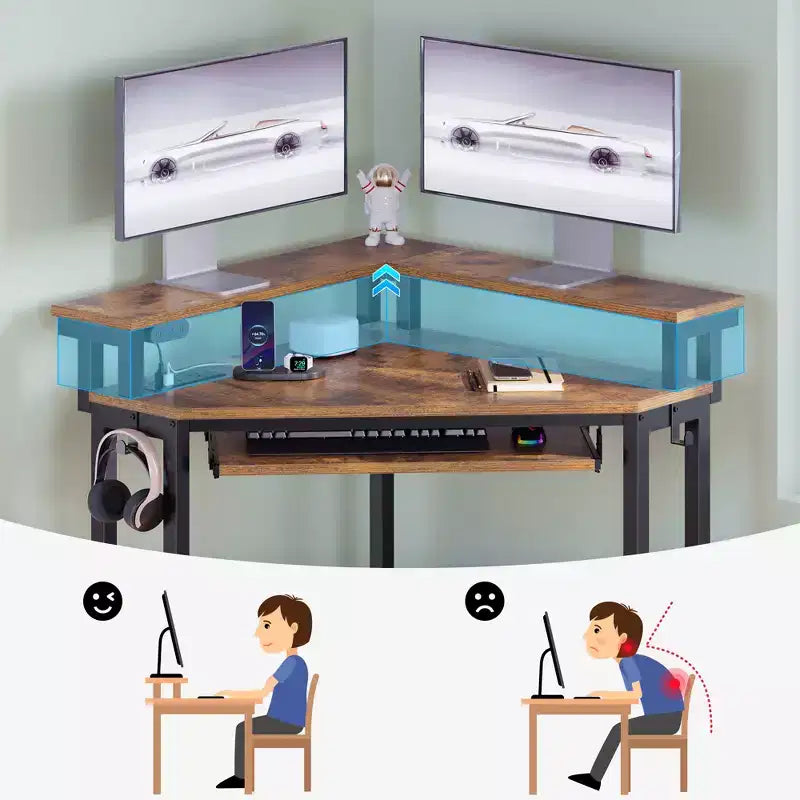 Escritorio esquinero pequeño Greenstell para computadora con toma de corriente, escritorio para computadora con luz LED, soporte para monitor, bandeja para teclado y soporte para auriculares