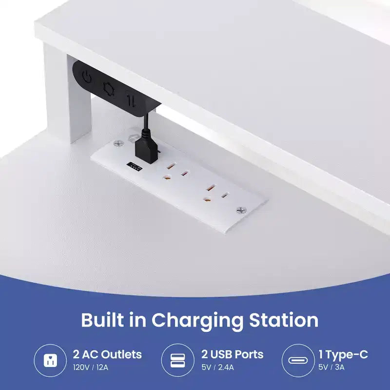 Escritorio esquinero pequeño Greenstell para computadora con toma de corriente, escritorio para computadora con luz LED, soporte para monitor, bandeja para teclado y soporte para auriculares
