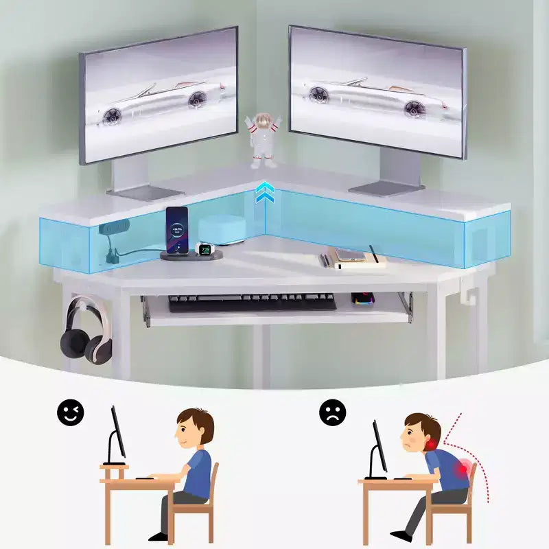 Escritorio esquinero pequeño Greenstell para computadora con toma de corriente, escritorio para computadora con luz LED, soporte para monitor, bandeja para teclado y soporte para auriculares