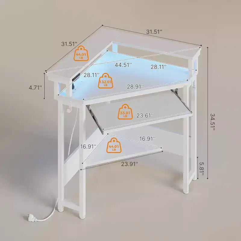 Escritorio esquinero pequeño Greenstell para computadora con toma de corriente, escritorio para computadora con luz LED, soporte para monitor, bandeja para teclado y soporte para auriculares