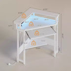 Escritorio esquinero pequeño Greenstell para computadora con toma de corriente, escritorio para computadora con luz LED, soporte para monitor, bandeja para teclado y soporte para auriculares