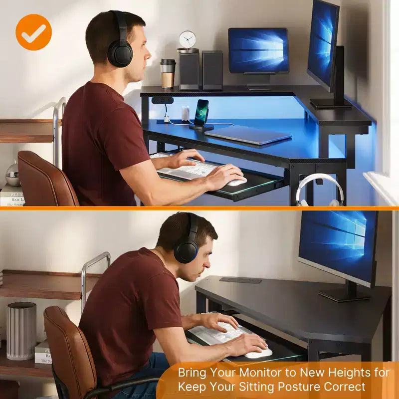 Escritorio esquinero pequeño Greenstell para computadora con toma de corriente, escritorio para computadora con luz LED, soporte para monitor, bandeja para teclado y soporte para auriculares