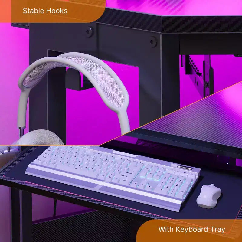 Escritorio esquinero pequeño Greenstell para computadora con toma de corriente, escritorio para computadora con luz LED, soporte para monitor, bandeja para teclado y soporte para auriculares