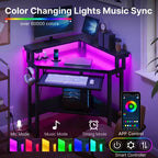 Escritorio esquinero pequeño Greenstell para computadora con toma de corriente, escritorio para computadora con luz LED, soporte para monitor, bandeja para teclado y soporte para auriculares