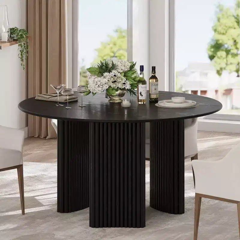 PexFix 52 Modern Round Dining Table with Striped Column Legs Solid Wood Kitchen Table Anti-Scratch Footpads for Dining Room & Kitchen Bar in Black