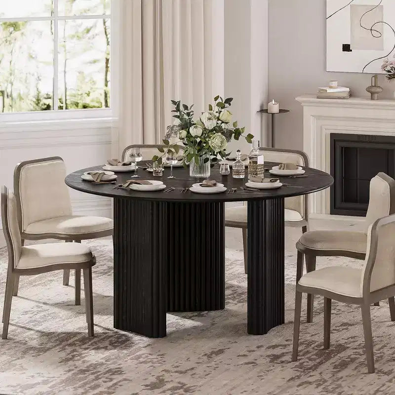 PexFix 52 Mesa de Comedor Redonda Moderna con Patas de Columna Rayadas, Mesa de Cocina de Madera Maciza, Almohadillas Antirayaduras para Comedor y Barra de Cocina en Negro
