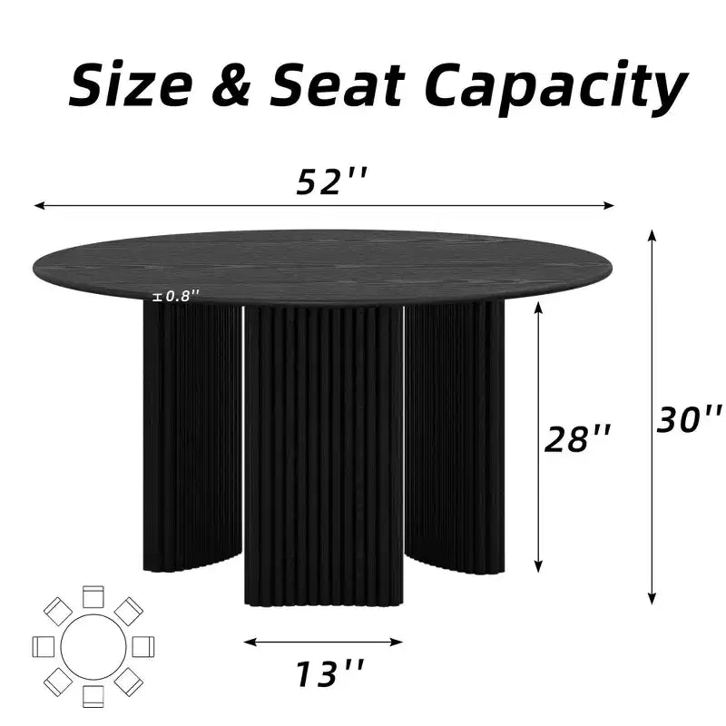 PexFix 52 Mesa de Comedor Redonda Moderna con Patas de Columna Rayadas, Mesa de Cocina de Madera Maciza, Almohadillas Antirayaduras para Comedor y Barra de Cocina en Negro