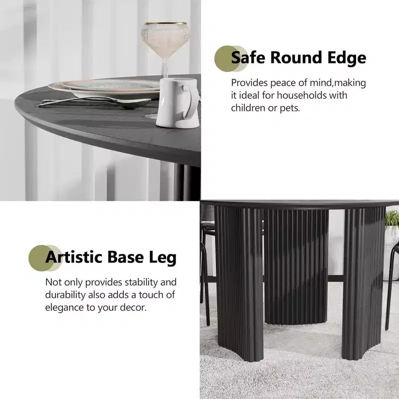 PexFix 52 Mesa de Comedor Redonda Moderna con Patas de Columna Rayadas, Mesa de Cocina de Madera Maciza, Almohadillas Antirayaduras para Comedor y Barra de Cocina en Negro