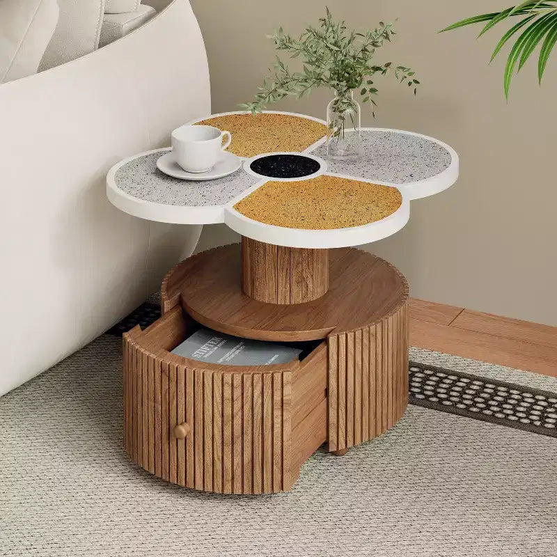 Mesa auxiliar Christopher Knight Home Evelyn moderna con aspecto de piedra, trébol de cuatro hojas, base de madera y cajón de almacenamiento