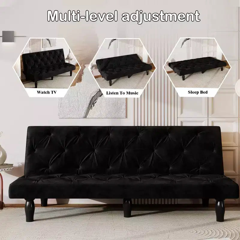 MAYEERTY Sofá cama biplaza de terciopelo que se transforma sin problemas para sala de estar, dormitorio, apartamento, negro