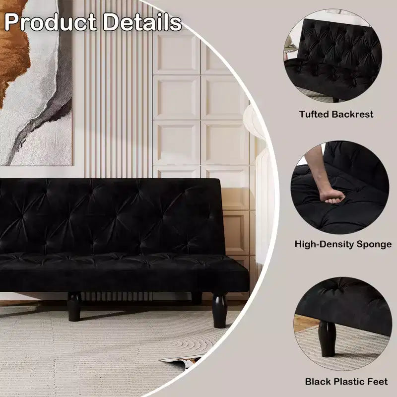 MAYEERTY Sofá cama biplaza de terciopelo que se transforma sin problemas para sala de estar, dormitorio, apartamento, negro