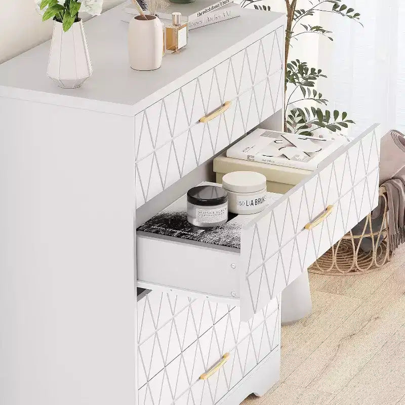 COZONY Cómoda de madera de 4 cajones, organizador de almacenamiento moderno con tiradores metálicos, sinfonier alto para dormitorio, sala de estar o pasillo