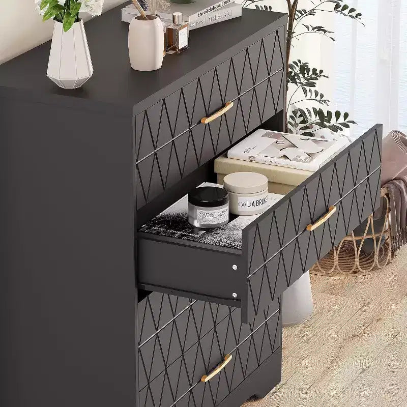 COZONY Cómoda de madera de 4 cajones, organizador de almacenamiento moderno con tiradores metálicos, sinfonier alto para dormitorio, sala de estar o pasillo
