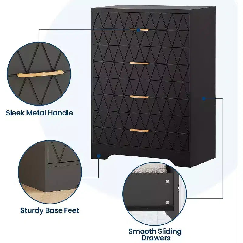 COZONY Cómoda de madera de 4 cajones, organizador de almacenamiento moderno con tiradores metálicos, sinfonier alto para dormitorio, sala de estar o pasillo
