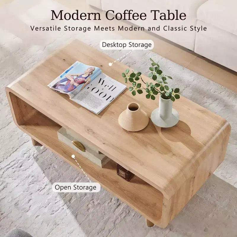 Mesa de centro de 48, mesa de centro moderna con estante de almacenamiento de 2 niveles, mesa rectangular de madera para sala de estar con madera gruesa para sala de estar