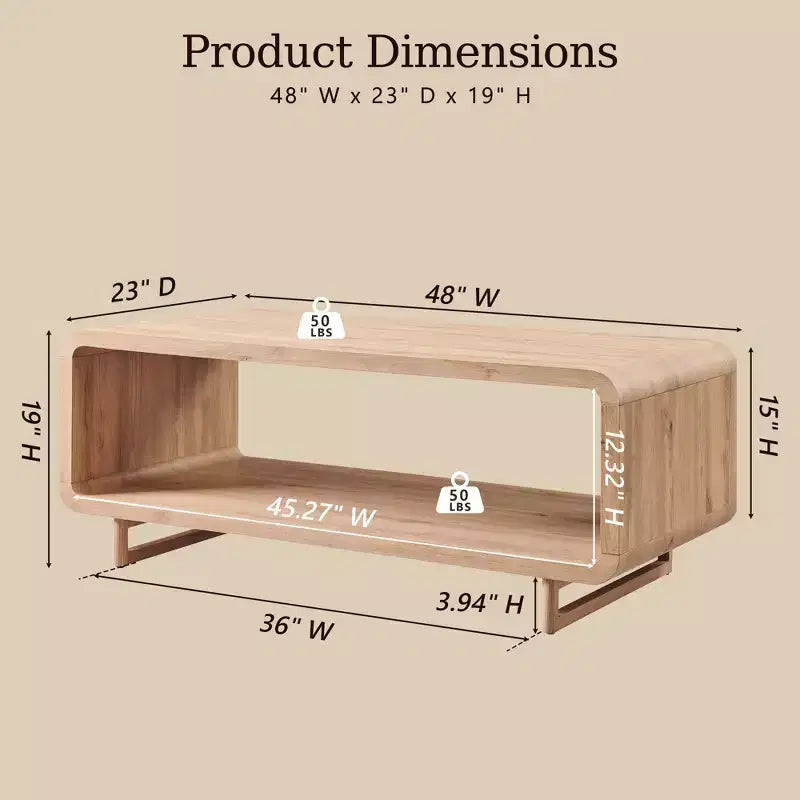 Mesa de centro de 48, mesa de centro moderna con estante de almacenamiento de 2 niveles, mesa rectangular de madera para sala de estar con madera gruesa para sala de estar