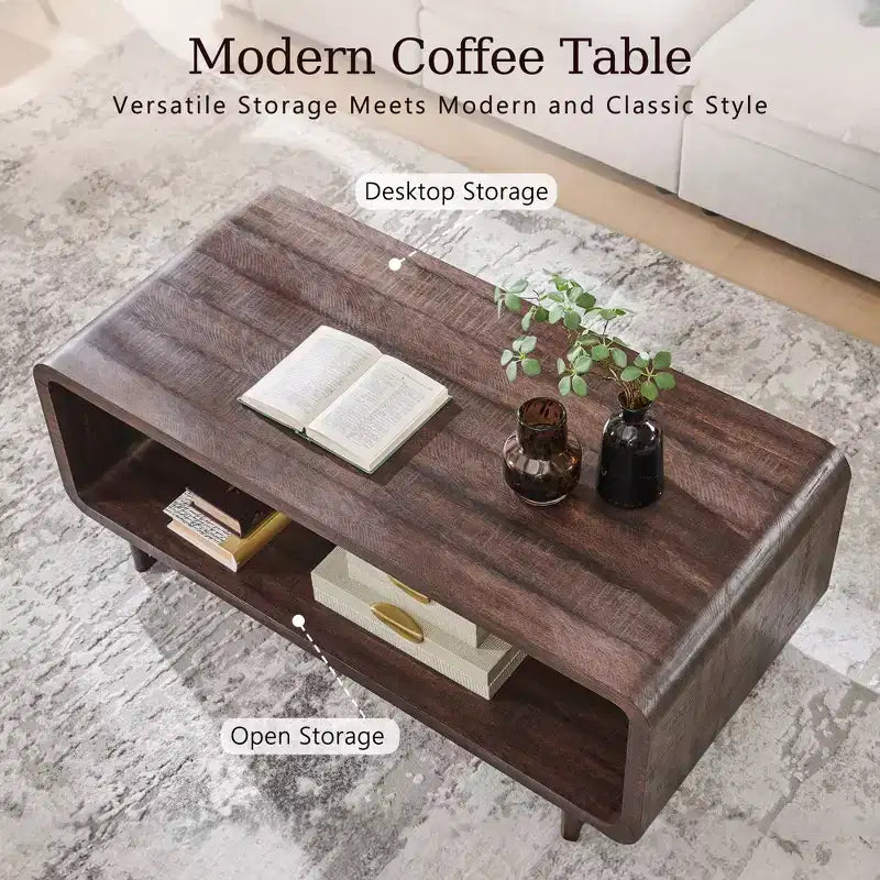 Mesa de centro de 48, mesa de centro moderna con estante de almacenamiento de 2 niveles, mesa rectangular de madera para sala de estar con madera gruesa para sala de estar