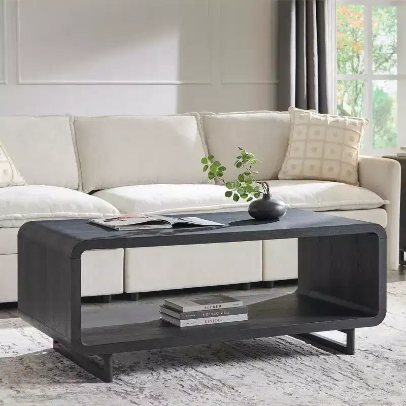 Mesa de centro de 48, mesa de centro moderna con estante de almacenamiento de 2 niveles, mesa rectangular de madera para sala de estar con madera gruesa para sala de estar