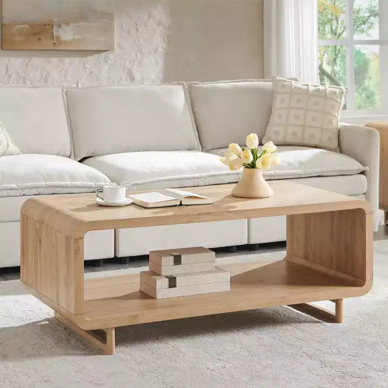 Mesa de centro de 48, mesa de centro moderna con estante de almacenamiento de 2 niveles, mesa rectangular de madera para sala de estar con madera gruesa para sala de estar