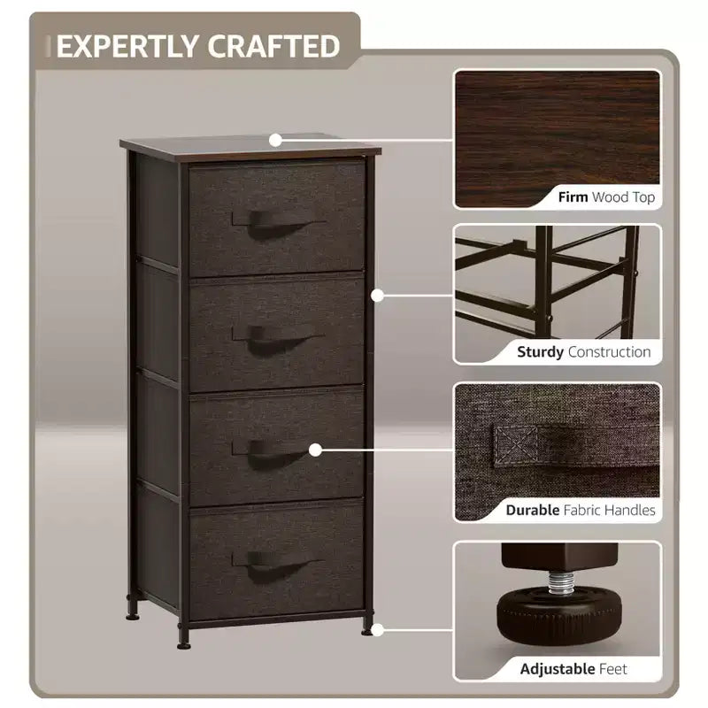 Sorbus Mesita de Noche con 4 Cajones – Almacenamiento para Armario, Hogar, Dormitorio Universitario – Incluye Marco de Acero, Tapa de Madera y Contenedores de Tela