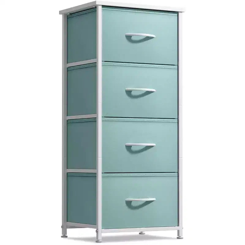 Sorbus Mesita de Noche con 4 Cajones – Almacenamiento para Armario, Hogar, Dormitorio Universitario – Incluye Marco de Acero, Tapa de Madera y Contenedores de Tela