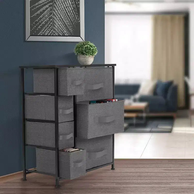 Cómoda Sorbus con 7 cajones - Organizador de almacenamiento con estructura de acero, tapa de madera, tiradores y cubos de tela