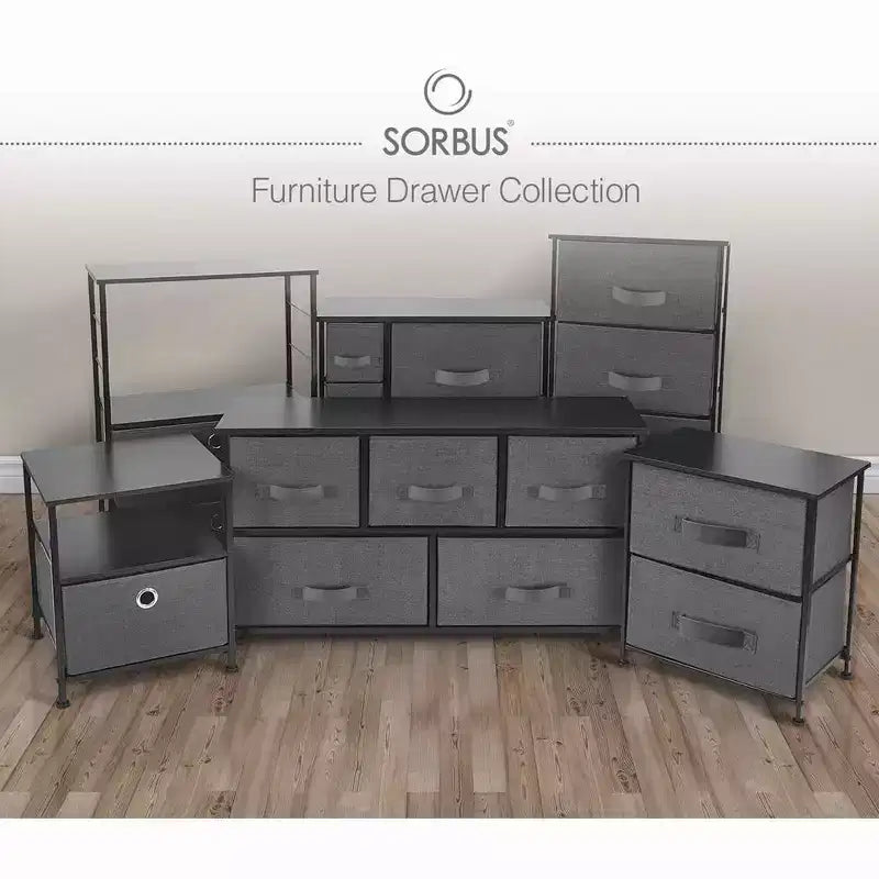 Cómoda Sorbus con 7 cajones - Organizador de almacenamiento con estructura de acero, tapa de madera, tiradores y cubos de tela