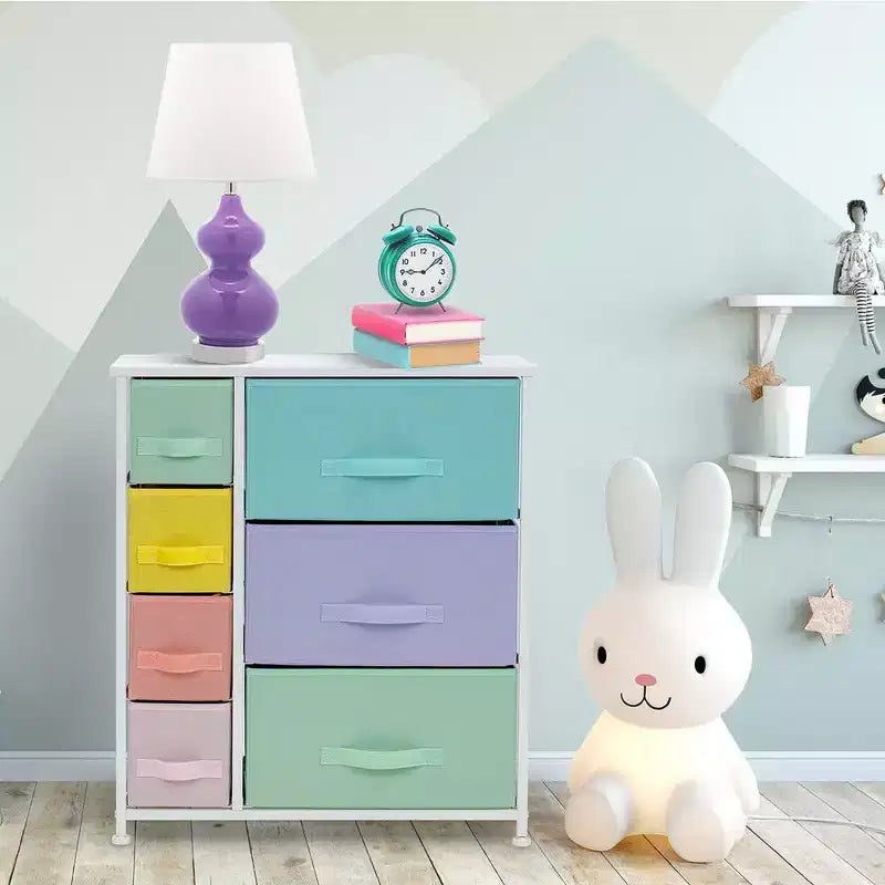 Cómoda Sorbus con 7 cajones - Organizador de almacenamiento con estructura de acero, tapa de madera, tiradores y cubos de tela