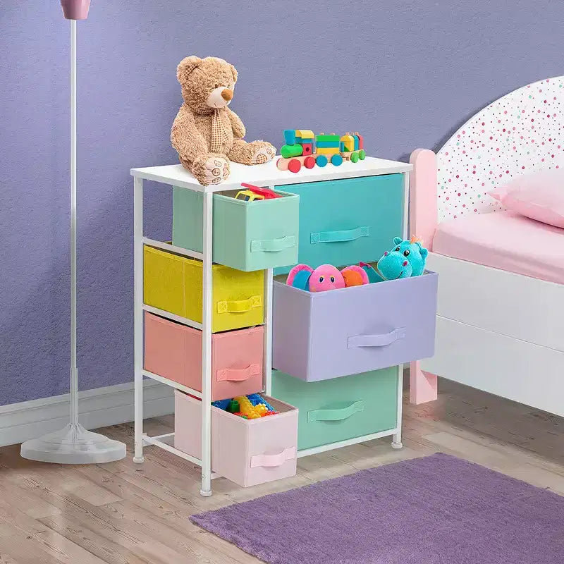 Cómoda Sorbus con 7 cajones - Organizador de almacenamiento con estructura de acero, tapa de madera, tiradores y cubos de tela