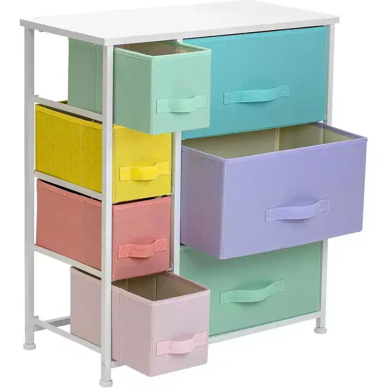 Cómoda Sorbus con 7 cajones - Organizador de almacenamiento con estructura de acero, tapa de madera, tiradores y cubos de tela