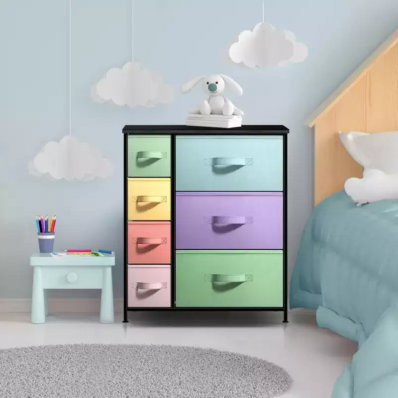 Cómoda Sorbus con 7 cajones - Organizador de almacenamiento con estructura de acero, tapa de madera, tiradores y cubos de tela