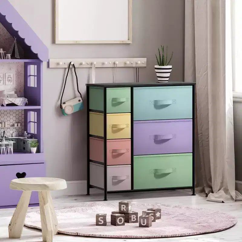 Cómoda Sorbus con 7 cajones - Organizador de almacenamiento con estructura de acero, tapa de madera, tiradores y cubos de tela
