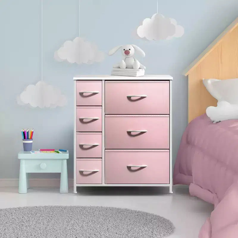 Cómoda Sorbus con 7 cajones - Organizador de almacenamiento con estructura de acero, tapa de madera, tiradores y cubos de tela