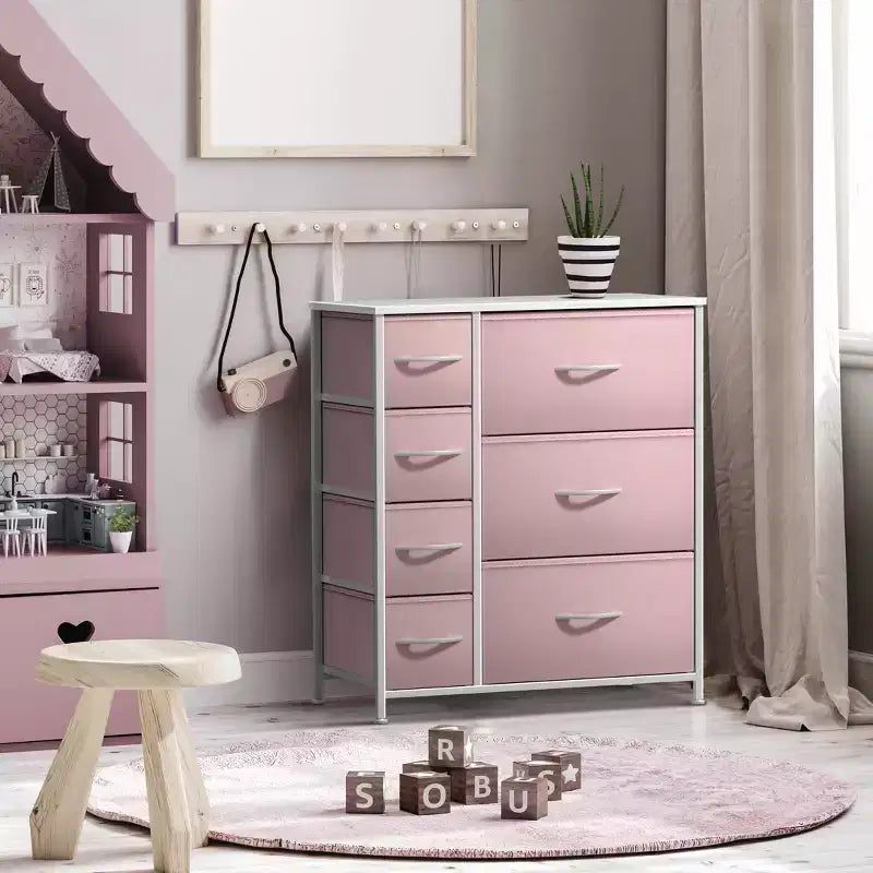 Cómoda Sorbus con 7 cajones - Organizador de almacenamiento con estructura de acero, tapa de madera, tiradores y cubos de tela