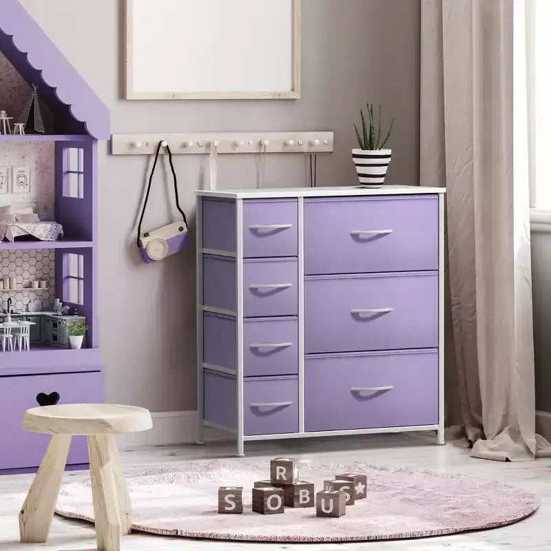 Cómoda Sorbus con 7 cajones - Organizador de almacenamiento con estructura de acero, tapa de madera, tiradores y cubos de tela