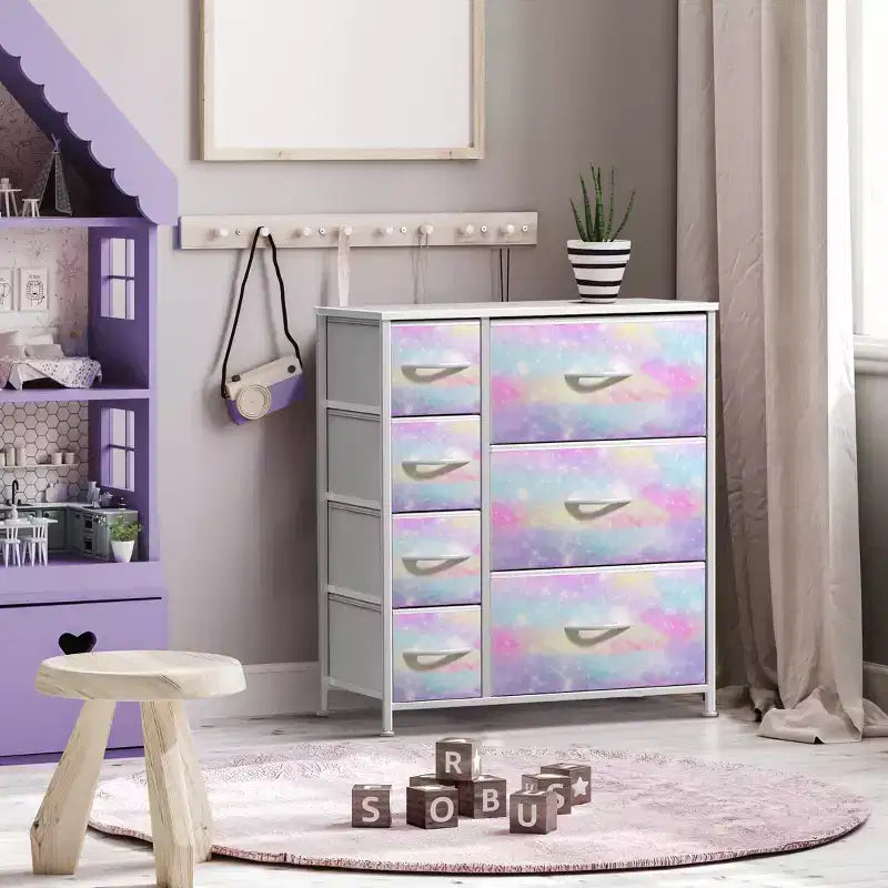 Cómoda Sorbus con 7 cajones - Organizador de almacenamiento con estructura de acero, tapa de madera, tiradores y cubos de tela