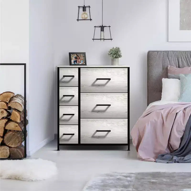 Cómoda Sorbus con 7 cajones - Organizador de almacenamiento con estructura de acero, tapa de madera, tiradores y cubos de tela