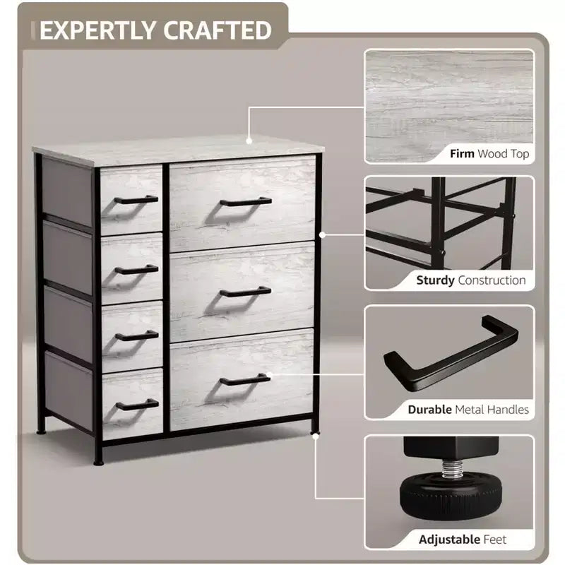 Cómoda Sorbus con 7 cajones - Organizador de almacenamiento con estructura de acero, tapa de madera, tiradores y cubos de tela