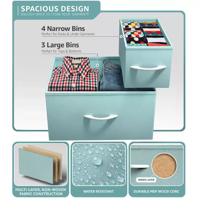 Cómoda Sorbus con 7 cajones - Organizador de almacenamiento con estructura de acero, tapa de madera, tiradores y cubos de tela