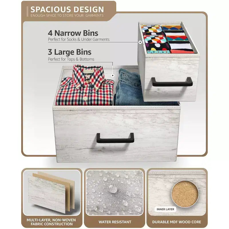 Cómoda Sorbus con 7 cajones - Organizador de almacenamiento con estructura de acero, tapa de madera, tiradores y cubos de tela