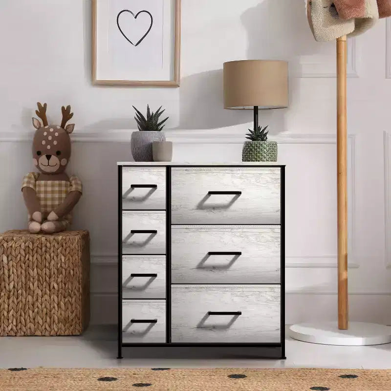 Cómoda Sorbus con 7 cajones - Organizador de almacenamiento con estructura de acero, tapa de madera, tiradores y cubos de tela